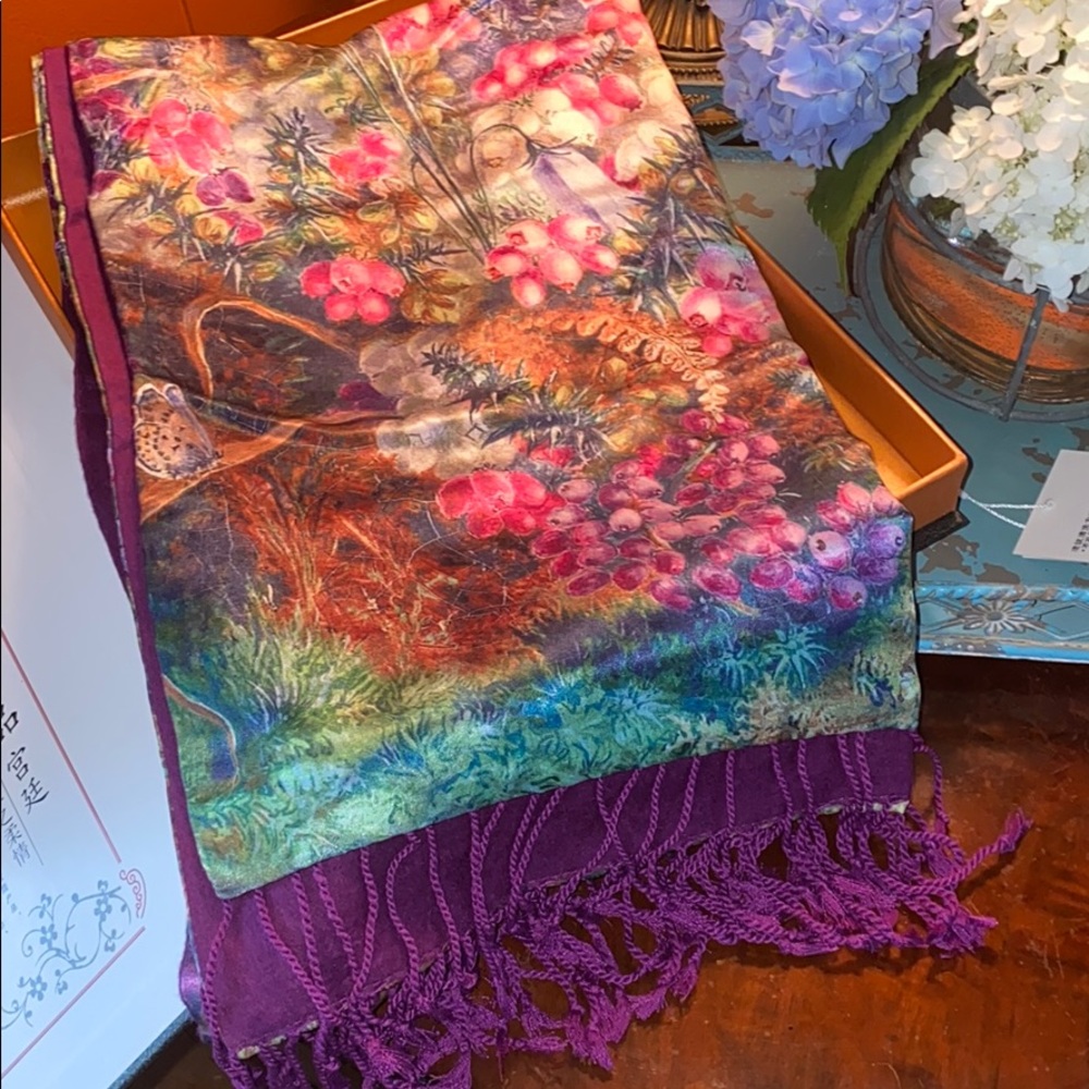 Floral Silk Scarf With Fringe